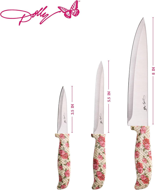 3-Piece Knife Set, Rose Pattern Handles, Includes 8 Inch Chef, 5.5 Inch Serrated Utility and 3.5 Inch Paring Knives