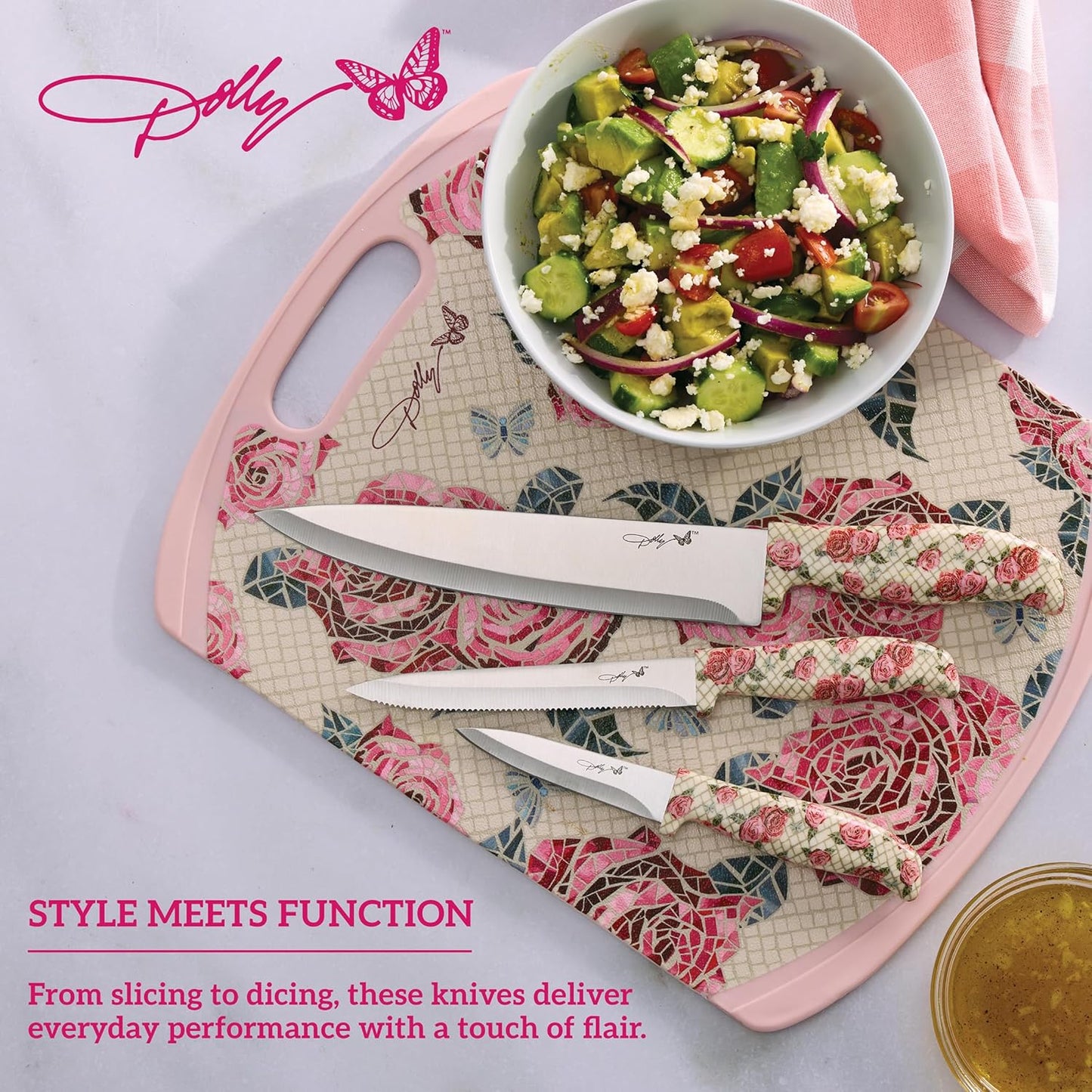3-Piece Knife Set, Rose Pattern Handles, Includes 8 Inch Chef, 5.5 Inch Serrated Utility and 3.5 Inch Paring Knives