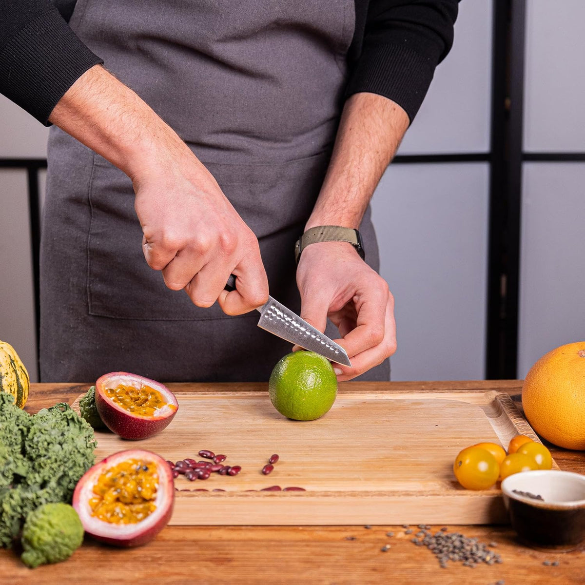 Bunka Petty Utility Kitchen Knife | 5.5-inch Blade | Ultra Sharp 440C Japanese Stainless Steel | Hand Hammered Tsuchime Finish | Ebony Wood Handle | Full Hidden Tang