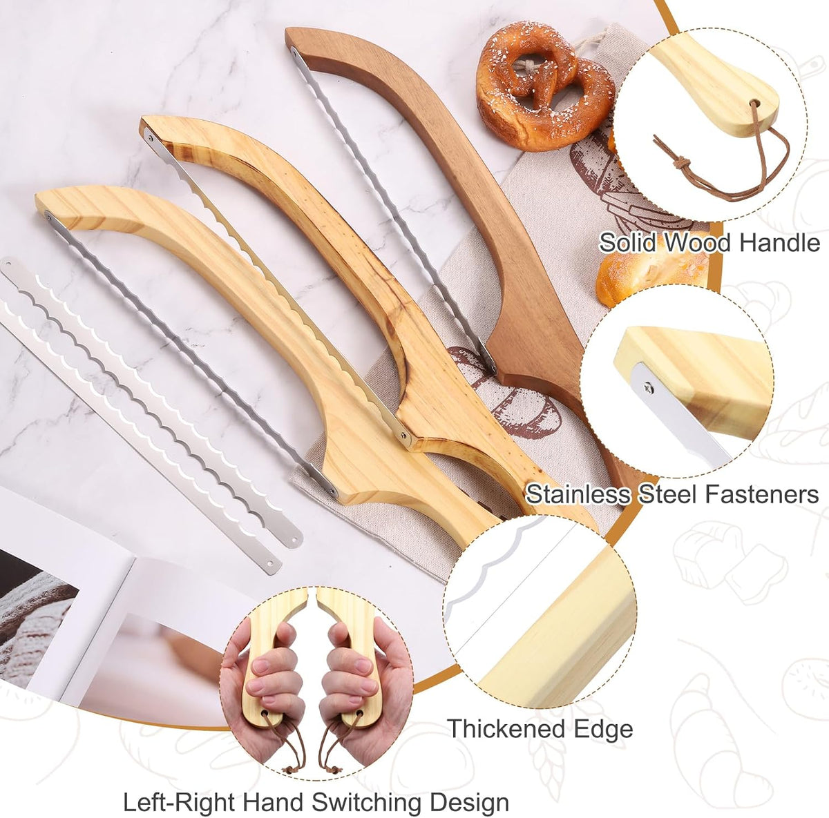Bread Bow Knife, 16" Sourdough Knife with Cover Wooden Bread Slicer Stainless Steel Single-Sided Serrated Cutter for Homemade Bagels Baking, Deep Teak