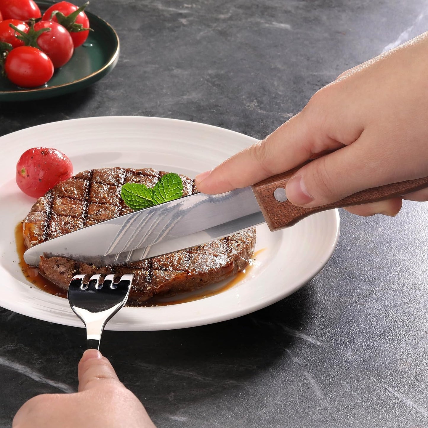 10 Inch Steak Knife Set of 12, Jumbo Serrated Stainless Steel Knives with 5 Inch Rounded Blades and Wood Handles