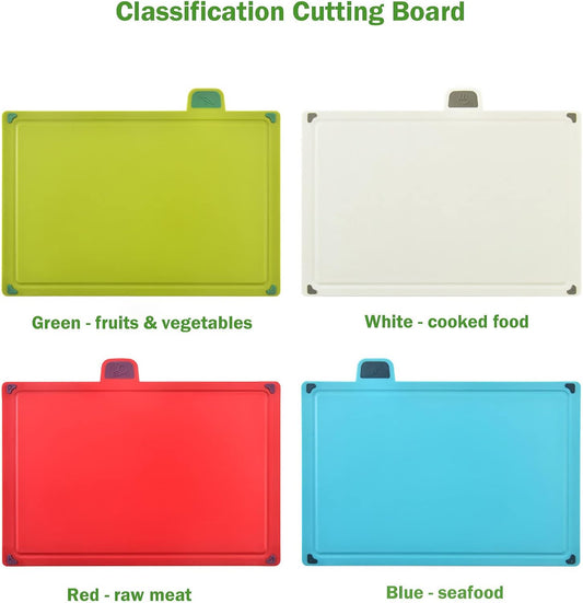 Plastic cutting board with storage shelf.Thicker Chopping Board Set with Color Coded Food Icon for Kitchen Different Food Types.Easy to Grasp, Anti-skid and Easy to Clean(4 pack)