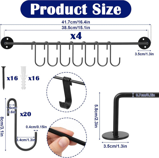 4 Pcs Black Iron Kitchen Utensil Rack Wall Mounted Organizer with 20 Hooks, Heavy Duty Kitchen Rail with Hooks for Pots Pans Lids Storage, Space Saving Wall Hanger Holder for Organization