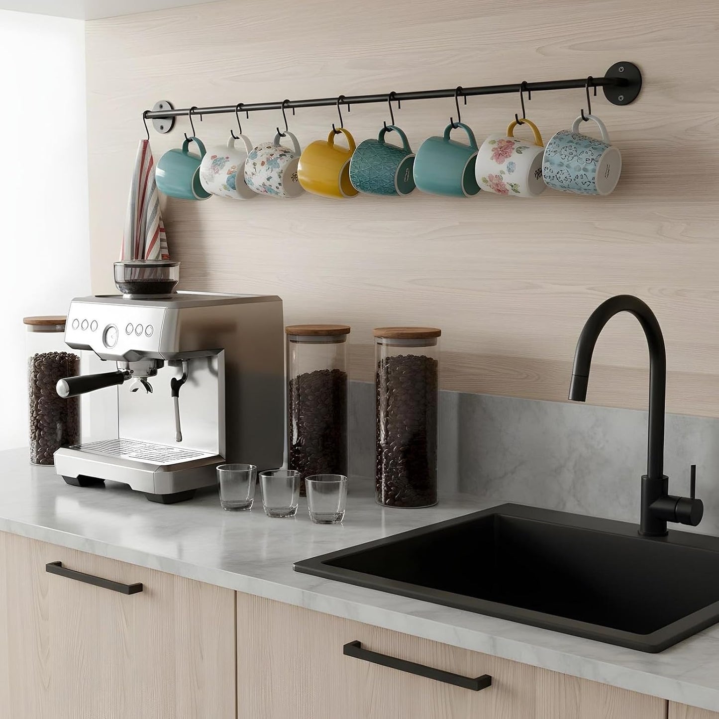 4 Pcs Black Iron Kitchen Utensil Rack Wall Mounted Organizer with 20 Hooks, Heavy Duty Kitchen Rail with Hooks for Pots Pans Lids Storage, Space Saving Wall Hanger Holder for Organization