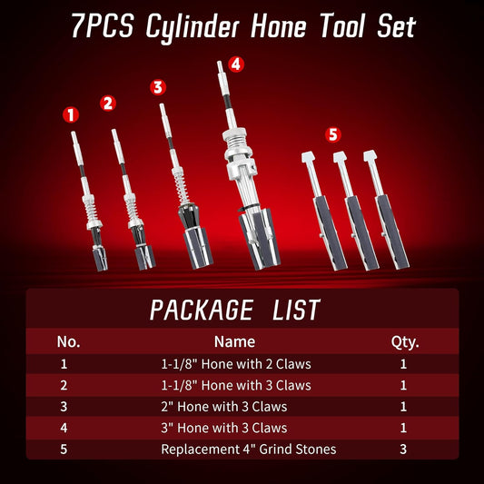 7PCS Cylinder Hone Tool Set, Adjustable for 3/4" to 7" Cylinders | Engine Piston Servicing Tool with 1-1/8" 3" 4" Replacement Honing Stones 220 Grit, Engine Cylinder Honing Grinding Tool