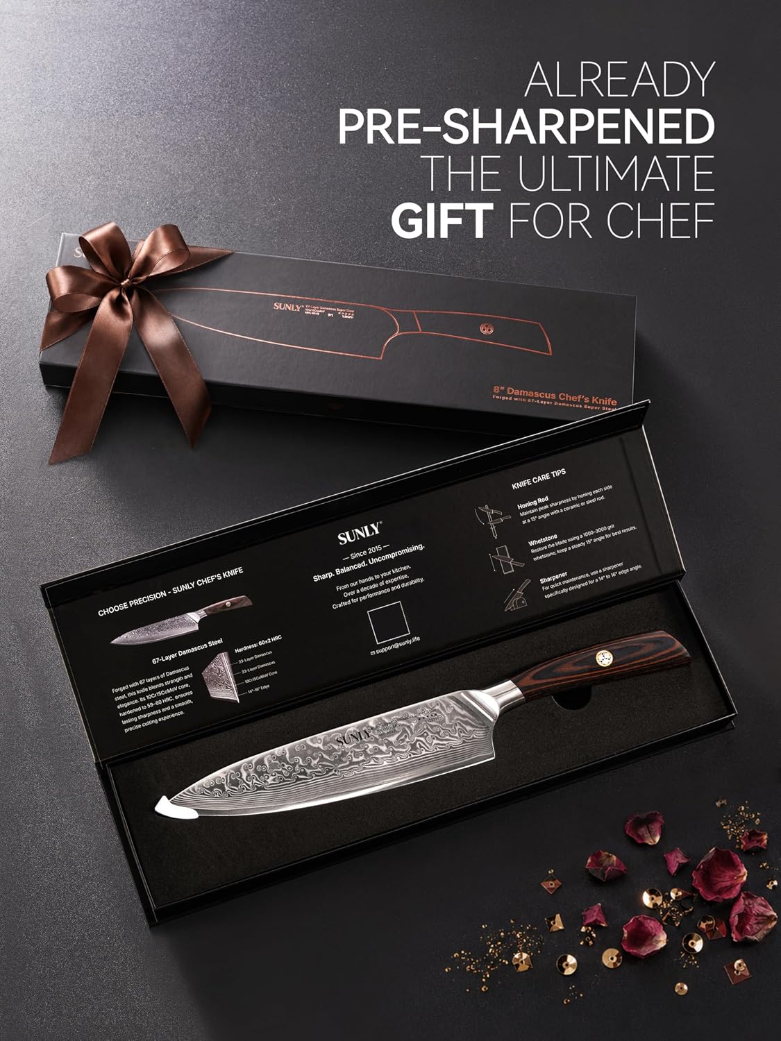 SUNLY Japanese Chef Knife, 8 Inch Damascus Kitchen Knife with VG10 Core, 67 Layer Steel, Hand Hammered Finish, Octagonal Handle for Better Control for Meat, Fruits, Vegetables, Gift for Father