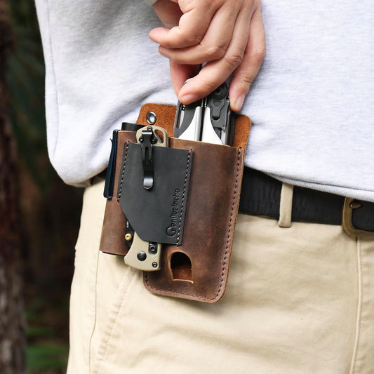 Leather Multitool Sheath - Leather Multi Tool Holster for Belt - Multitool Holder - Multitool Pouch for Leatherman Tool, Flashlight, Pen, Belt Clip EDC Belt Organizer Darkbrown