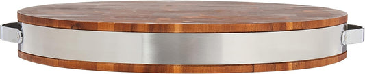 Brown Extra Thick Acacia Hardwood End Grain Round Cutting Board wIith Stainless Steel Band | Butcher Block | Wood Chopping Board | Carving Board | Cahrcuterie Board - 15" (Round) x 2"
