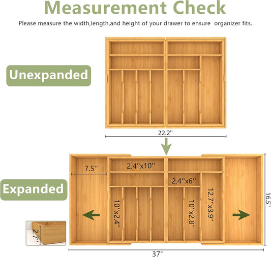 Extra Large Silverware Drawer Organizer,Expandable 22in to 37in,Bamboo | 2.6in Deep,13 Slot,Removable Design,Expandable Utensil Tray for Kitchen Drawer,Big Adjustable Cooking Cutlery Flatware Holder