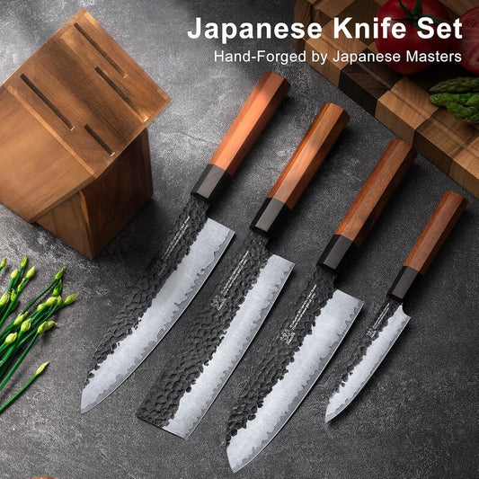 Japanese Knife Set with Block, Kitchen Knives Gift for Men & Women | Hand Forged 5-Layer 9CR18MOV Clad Steel Chef Knives with Rosewood Handles, Includes Chef, Santoku, Nakiri and Paring Knife