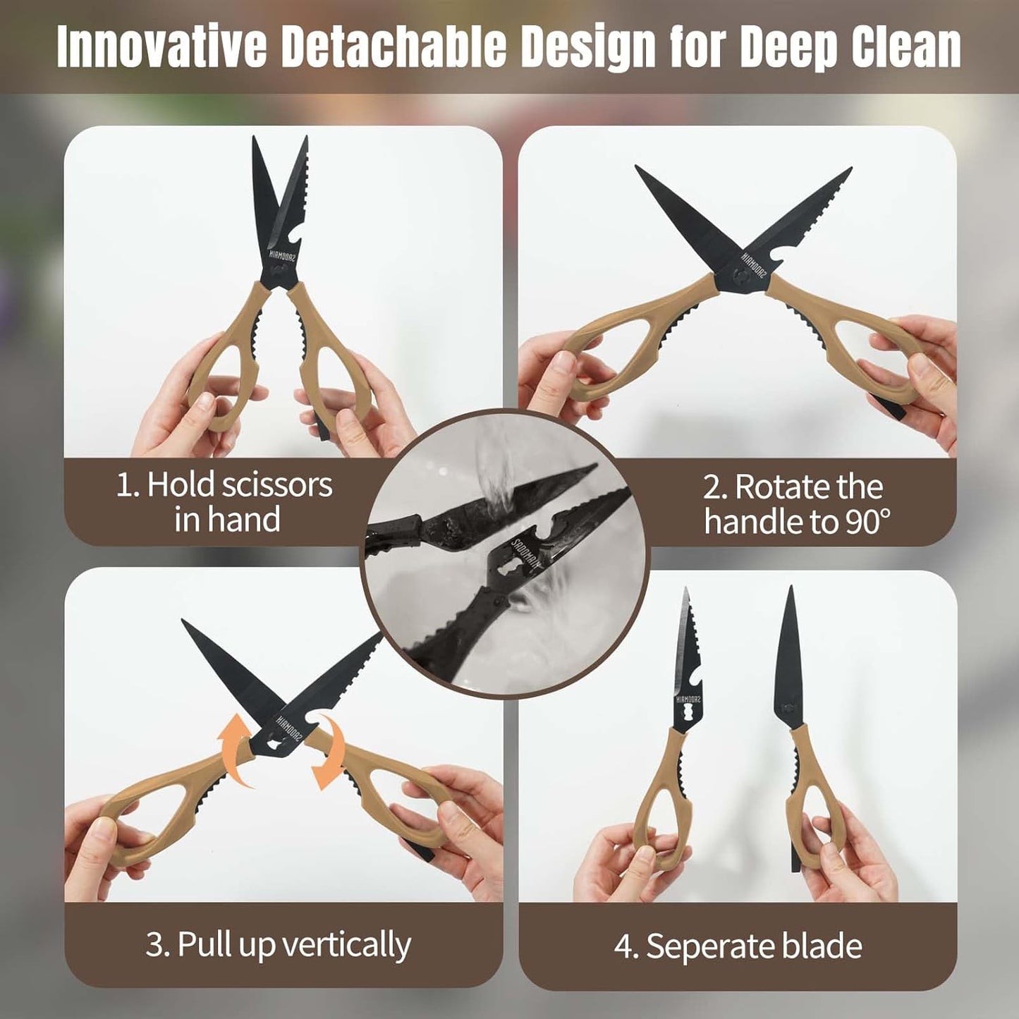 Come Apart Kitchen Shears, All Purpose Scissors for Food – Black | Bonus Sharpener+ Sheath, Premium Japanese 420J2 Steel, Ultra-sharp Serrated Blade, Anti-rust Titanium-plated, Dishwasher Safe