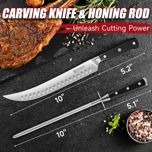 BBQ Carving Knife Set - 10" Butcher Knife & 10" Honing Rod Slicing Knife Set for Meat Cutting Razor Sharp German Steel with Ergonomic Handle Full Tang Design Gift Box Included