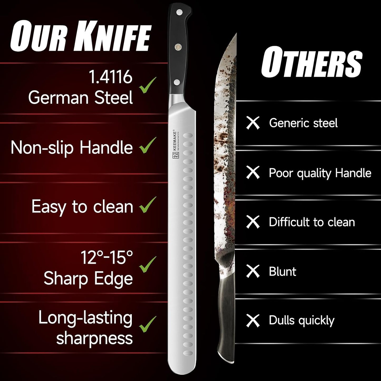 BBQ Carving Knife Set - 10" Butcher Knife & 10" Honing Rod Slicing Knife Set for Meat Cutting Razor Sharp German Steel with Ergonomic Handle Full Tang Design Gift Box Included
