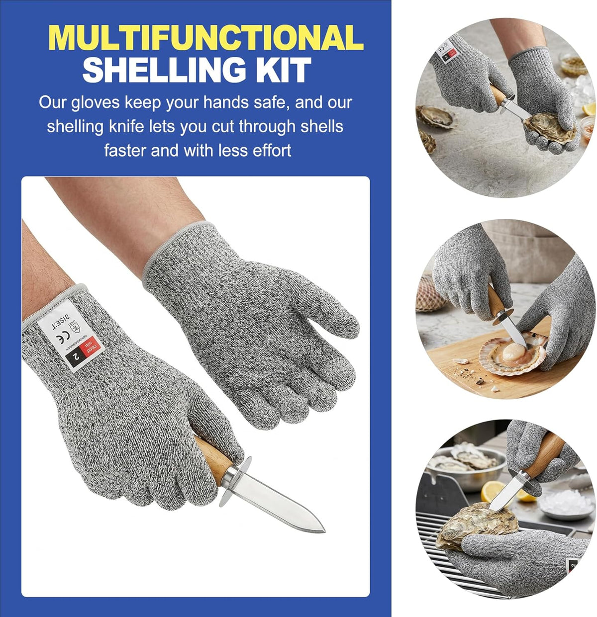 4Pcs Oyster Shucking Knife Set with 2 Pairs Cut Resistant Gloves, Stainless Steel Oyster Shucker Opener & Clam Shucking Knife Tool Kit, Non-Slip Wood Handle for Seafood Lovers