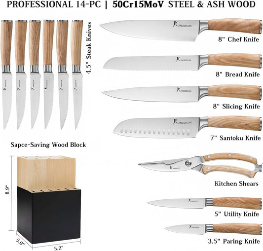 Ultra Sharp 14-Piece Kitchen Knife Set, High Carbon Stainless Steel Blades, Torrefied Natural Wood Handles, Ergonomic Design, Space-Saving Black-Finished Wood Block, Easy Hand Wash, Gift Box