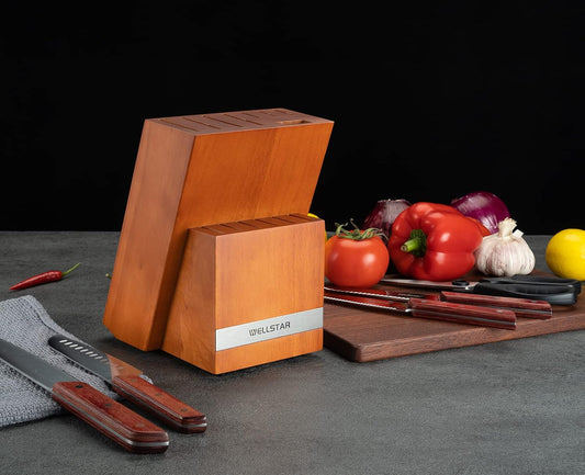 14 Slot Kitchen Knives Block, Natural Wood Knife Holder without Knives – Hard Wood Countertop Knife Storage – Brown