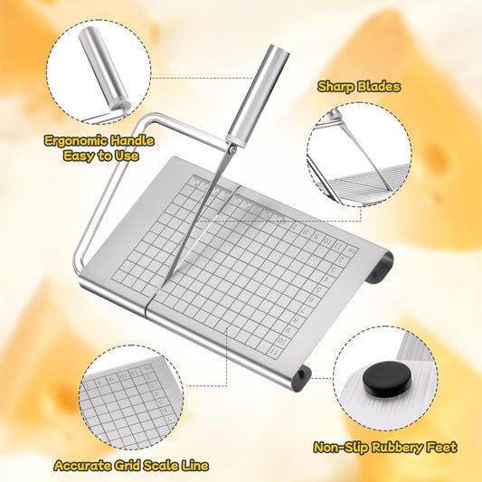 Heavy Duty Cheese Slicer for Block Cheese with 6Pcs Cheese Knife Set, Stainless Steel Cheese Cutter Board with Precise Measuring Grid and Non-Slip Feet, Dishwasher Safe