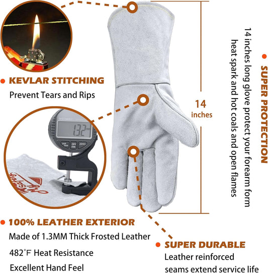 Leather Welding Gloves for Men or Women, Fire and Heat Resistant gloves for Stick,Tig,Mig,Fireplace,BBQ,Oven,Grill,Wood Stove,Animal Handling Gloves,Bite Proof for Cat or Dogs,Welders Gifts