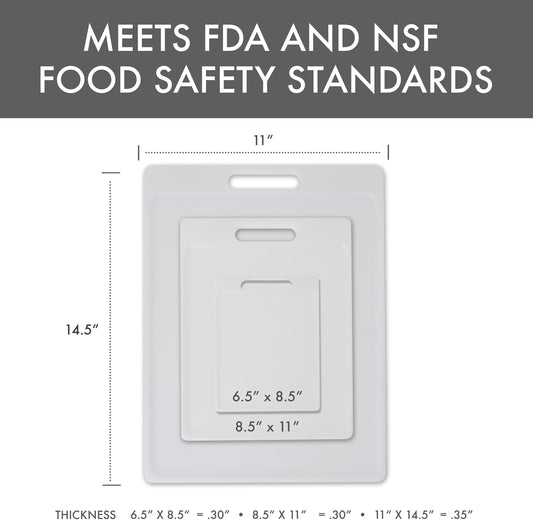 3-Pack NSF Certified Polysafe Cutting Boards with Handle, 6.25 x 8.5, 8.5 x 11, 11 x 14.5 Inches, Reversible Kitchen Cutting Board, White