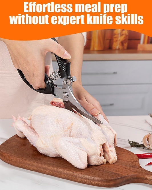 Kitchen Shears, Heavy Duty Poultry Shears, Stainless Steel Scissors | Spring loaded, serrated edge for scaling, cuts bone, safety lock, non-slip handle, for chicken, turkey, fish, seafood
