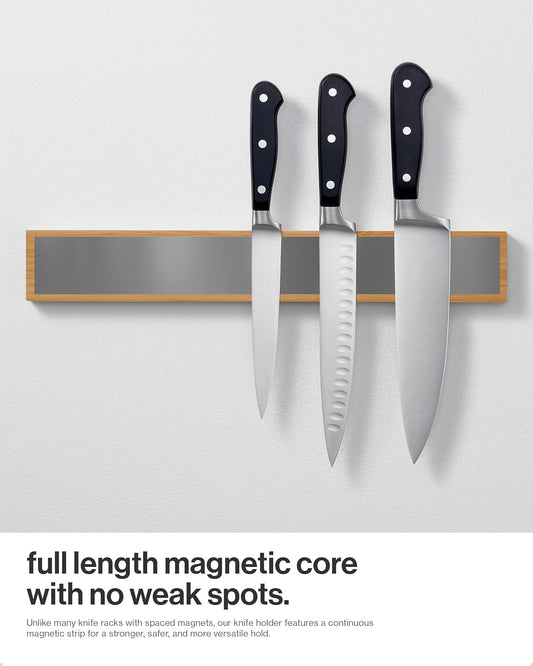 Magnetic Knife Holder for Wall or Fridge | No-Drill Bamboo Knife Magnetic Strip, 16″ - Renter Friendly