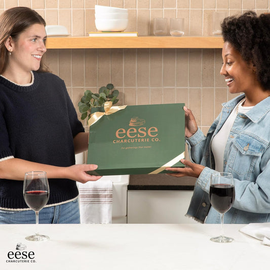 Eese Charcuterie Board Set, 14 x 11 Inch Bamboo Cheese Board with Cheese Knife Set, Deep Groove Serving Tray, Screw-Mount Utensil Holder, Gift for Housewarming & Entertaining