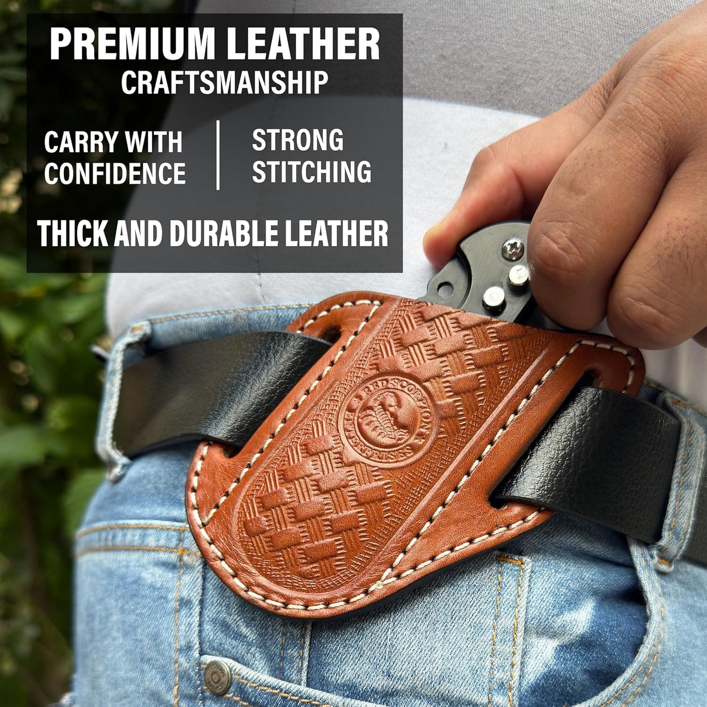 Red Scorpion Handmade Leather Knife Sheath for Belt - EDC Belt Holster for Folding Knife, Leather Sheath for Pocket Knife, Compact EDC Tools Carrier for Outdoor Activities