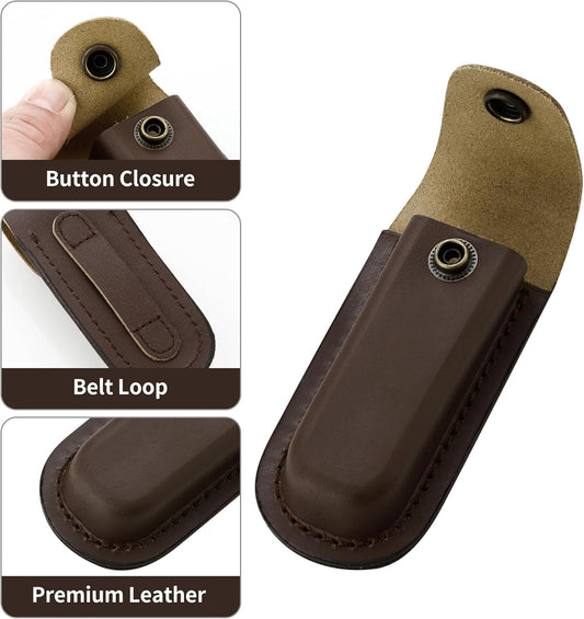 Leather Pocket Knife Sheath, 4'' Folding Knife Belt Sheath | Portable Pocket Knife Pouch with Snap Closure & Belt Loop for Outdoor Climbing, Camping, Hunting, Hiking, Medium Size, Brown
