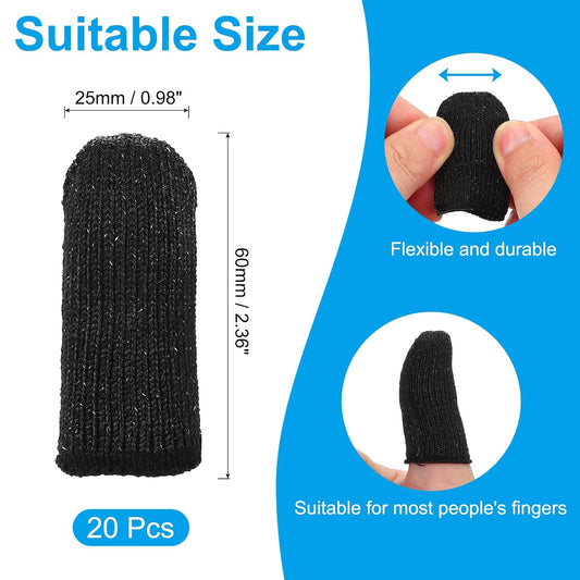 Cut Resistant Finger Cots Protectors 2.4 x 1 Inch, 20 Pcs Reusable Anti-Cut Finger Sleeve Covers for Kitchen Food Cutting Sculpture Work Garden, Black