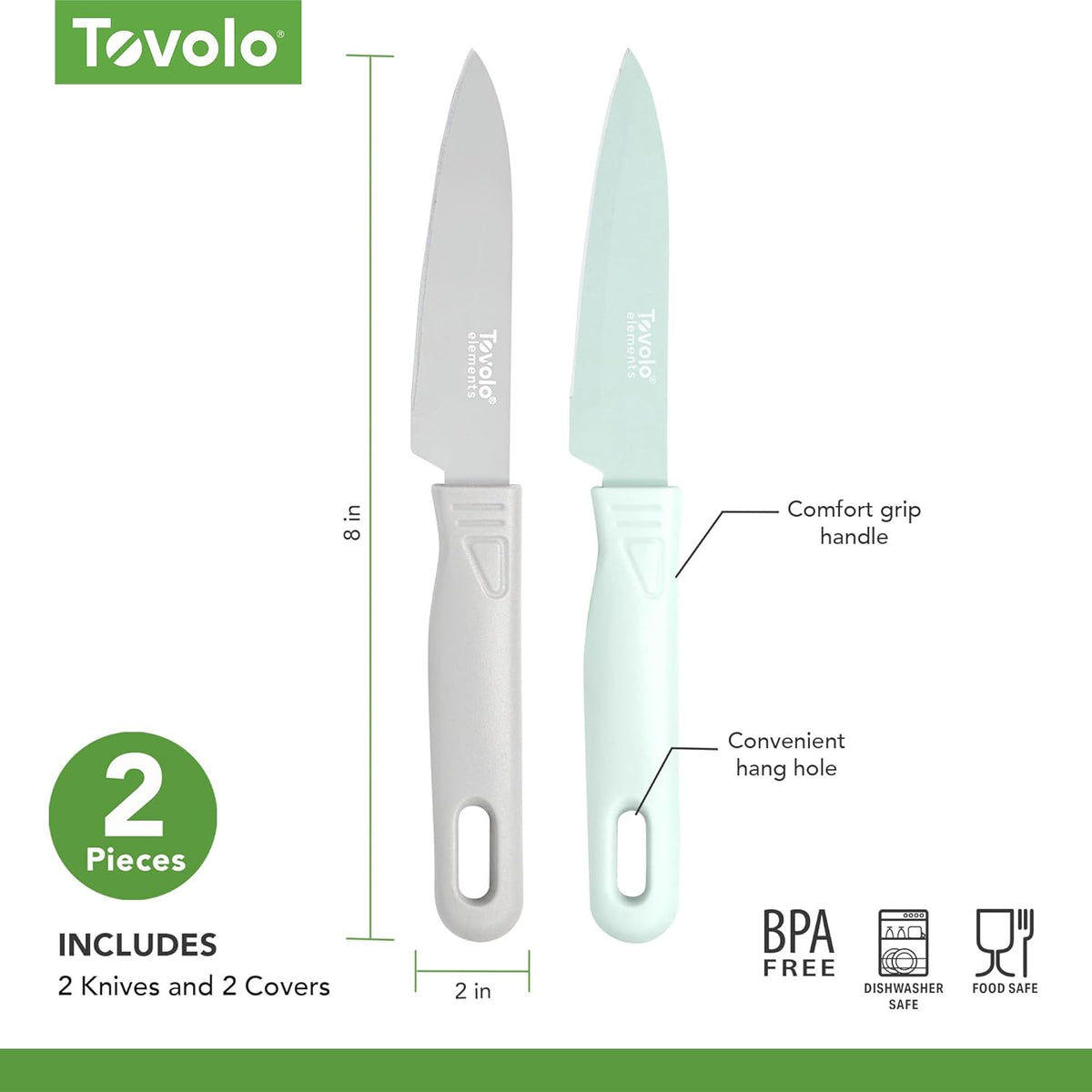 Paring Knife Set of 2 Stainless Steel 8 Inch Kitchen Knives with Protective Blade Cover Sharp Small Comfort Grip Handle Paring Knife Set for Cutting Slicing Dicing Charcoal and Gray