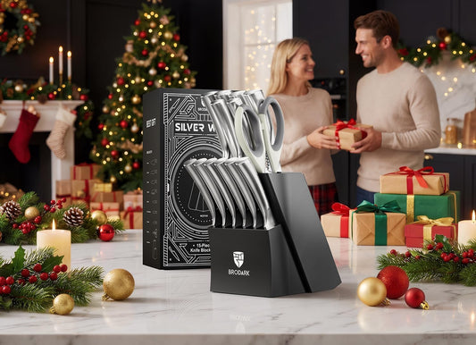 Knife Set with Block Sharpener, High Carbon Sharp Stainless Steel | One Piece Forged Ergonomic Etched Handle, Non-Slip, Balanced Performance for Everyday Cooks, Elegant Gift, Silver Wolf Series