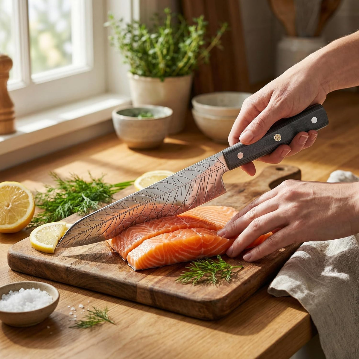 8-Inch Leaf‑etched Chef Knife – Deep Electro‑etched Leaf Pattern with 3D Air‑Pocket Design, Premium Stainless Steel Blade & Ergonomic Wood Handle for Kitchen Cooking Gift Red