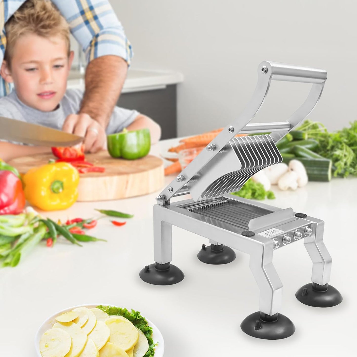 Commercial Tomato Slicer, 0.39”/10mm Thickness Manual Tomato Cucumber Onion Ham Egg Cutter, Stainless Steel Slicer Tool with 4 Suction Cups for Restaurant, Home Use
