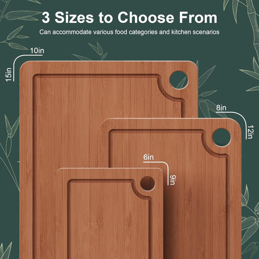 Bamboo Cutting Boards for Kitchen, 3-Piece Set with Juice Grooves, Side Handles & Non-Slip Mats – Durable Bamboo Chopping Board for Meat, Vegetables and Fruits Ideal Kitchen Gifts