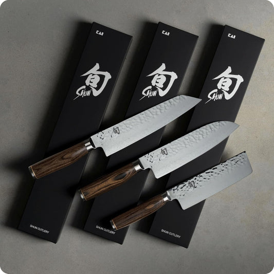 Premier 3 Piece Asian Flat Set | Includes 8" Kiritsuke, 7" Santoku and 5.5" Nakiri Knives, Handcrafted, Pakkawood Handle