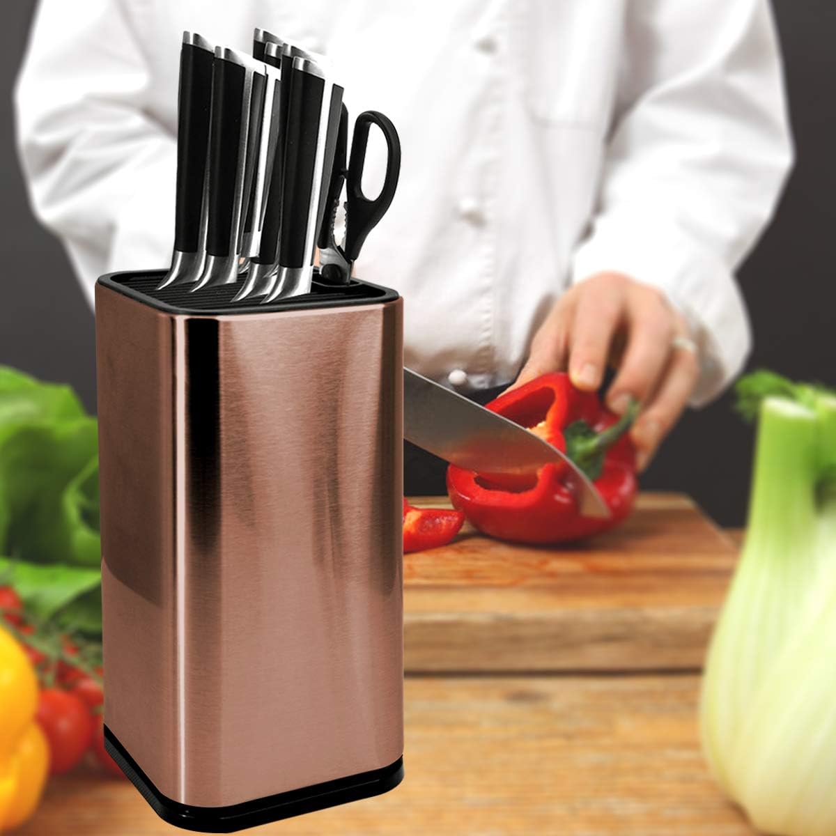 Stainless Steel Universal Knife Block Holder with Slots for Scissors or Sharpening Rod, Space Saver Knife Storage, Detachable for Easy Cleaning, Square Knife Holder For Safe