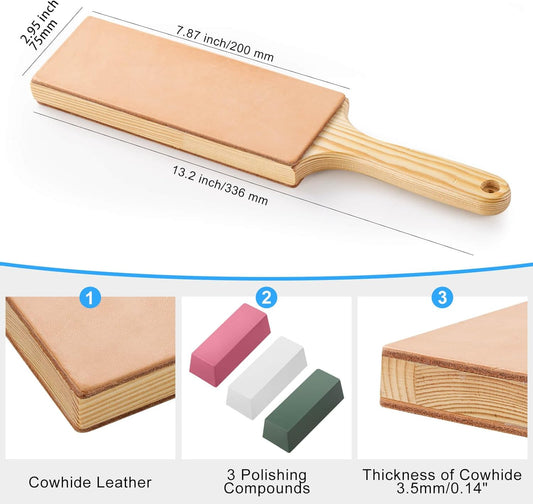 Oversize Double Sided Leather Strop Kit(3" Knife Stropping Leather)with Ergonomic Handle - Knife Strop for Sharpening Knives, Wood Carving Chisels, Buffing Compound Included