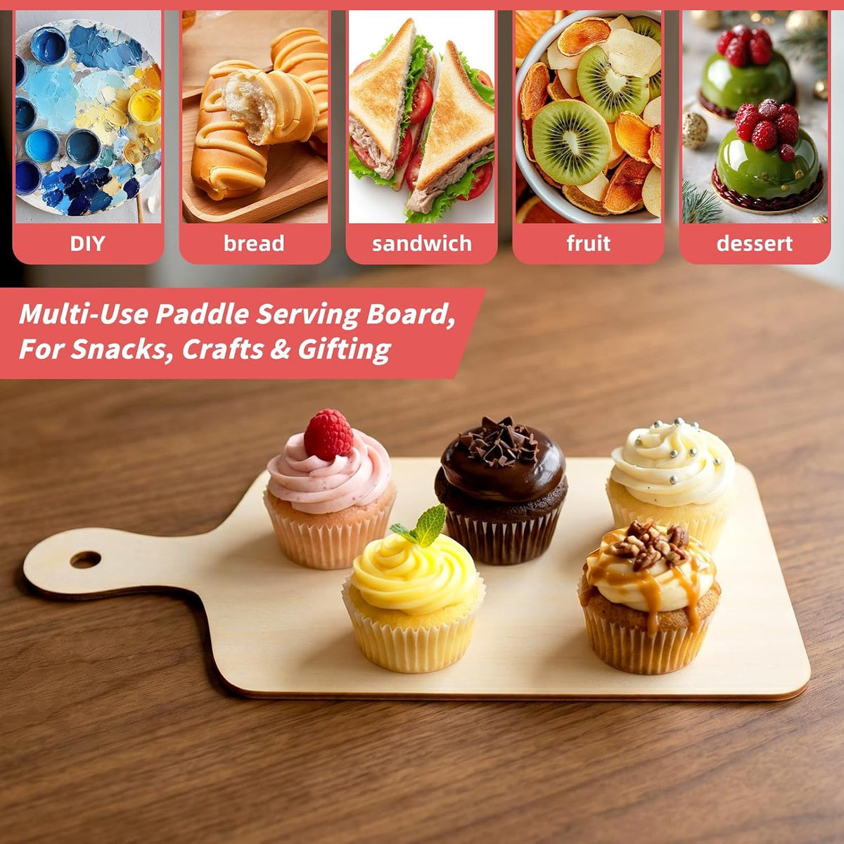 12 PCS Wooden Mini Cutting Board with Handle,Rectangle Unfinished Wood Craft Paddle Serving Tray Chopping Board Cutout for DIY Thanksgiving Christmas Home Kitchen Fruit Decor (11.8 x 6.3 Inch)