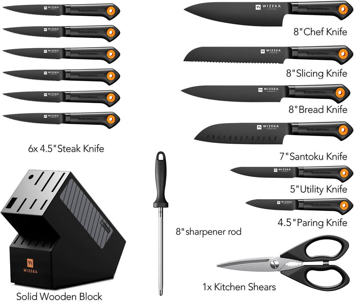 15-Piece Kitchen Knife Set with Block, Dishwasher Safe, Razor-Sharp | Cut with Ease, German Stainless Steel, Anti-rust Coating, Ergonomic Handle, Long-lasting Edge, Block and Sharpener Included