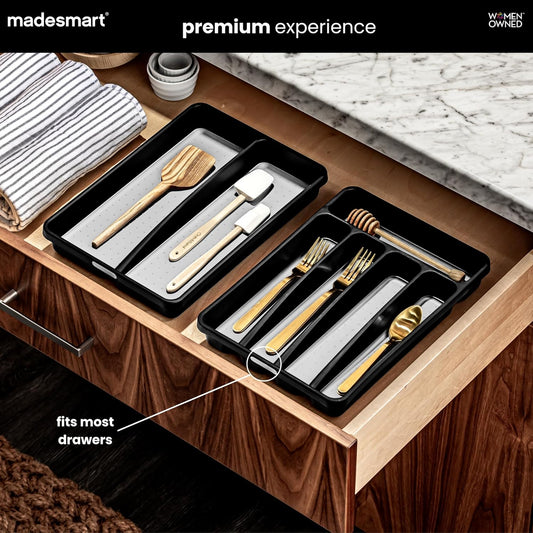 Classic Compact Silverware Tray with Soft Grip Lining, Carbon | Nonslip feet, 5 compartments, small drawer fit, forks, knives, spoons, cutlery, flatware