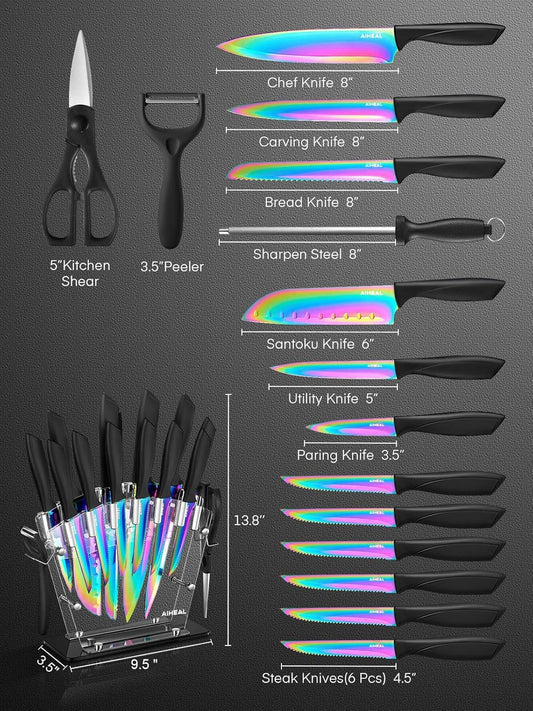 Aiheal Knife Set 16 PCS High Carbon Stainless Steel, Titanium Coating Blade | No Rust and Super Sharp Cutlery with Acrylic Stand and Kitchen Scissors, Rainbow Color Kitchen Knife Set, Gift