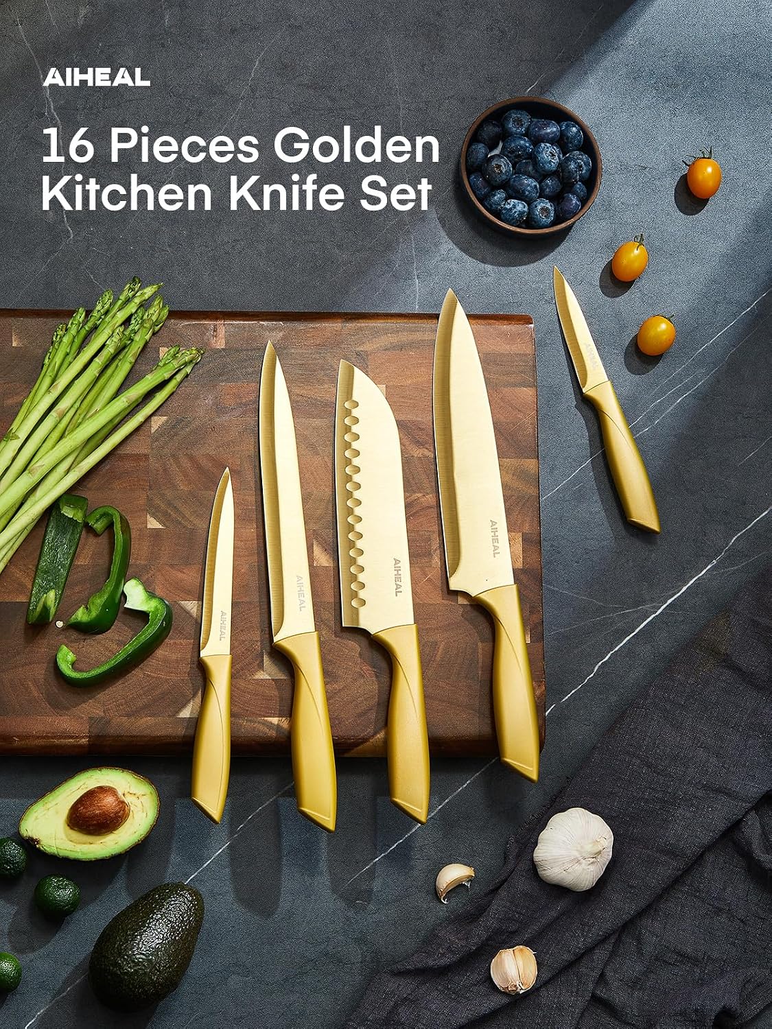 Aiheal Knife Set 16 PCS High Carbon Stainless Steel, Titanium Coating Blade | No Rust and Super Sharp Cutlery with Acrylic Stand and Kitchen Scissors, Rainbow Color Kitchen Knife Set, Gift