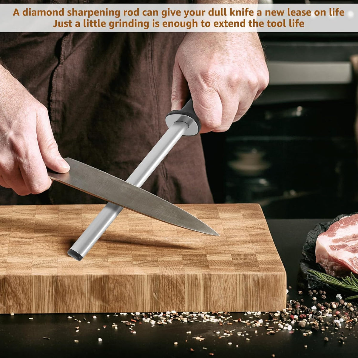 12 Inch Diamond Knife Sharpening Steel Rod, Diamond Honing Steel, Professional Knife Sharpener Rod, Knife Honer Steel for Honing Knife Blades, Chef Knives and Shears