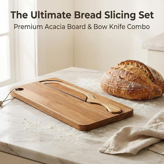 Manual Bread Slicer Set with Bow Knife & Crumb Tray Board - Universal Sourdough Cutter for Homemade Bread, Baguettes, Bagels