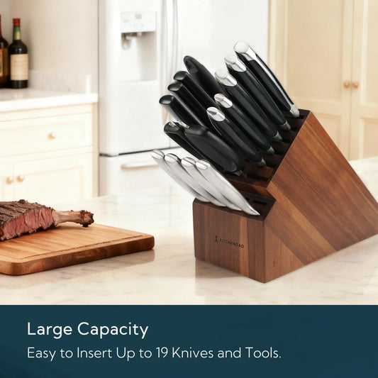 20 Slot Acacia Wood Knife Block without Knives, Universal Knife Holder for Kitchen, Holding Multiple Types of Knives, Countertop Butcher Block Knife Stand for Easy Kitchen Storage