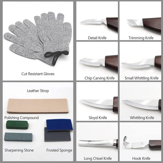 Deluxe Wood Carving Kit, 15 PCS Wood Carving Tools for Beginners | Carving and Spoon Knives with Accessories, Leather Roll Bag, Whittling Kit for Kids & Adults, Woodworking and DIY Crafts