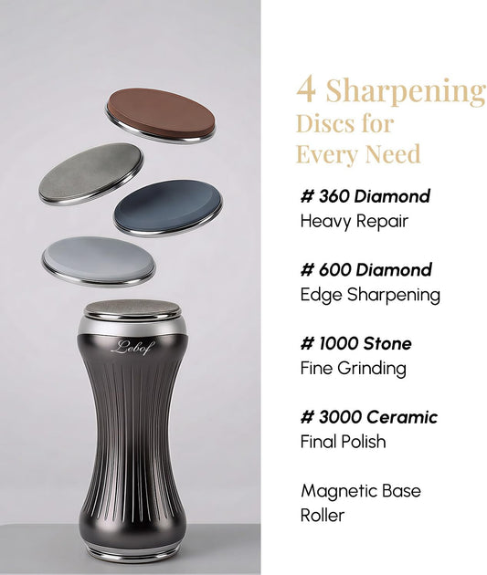 Rolling Knife Sharpener with Diamond Disc, Magnetic Base with 4 Sharpening Angles, Aluminum Alloy Body, Anti-Slip