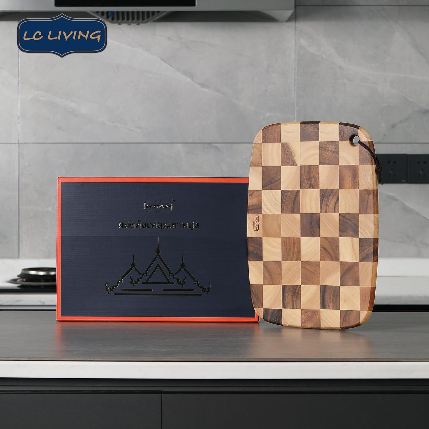 Thai End Grain Acacia Wood End Grain Oval Hanging Cutting Board, best for chopping board, prep station, kitchen deco, cheese, meat, bread, veggies & fruits, 15.7"x11"