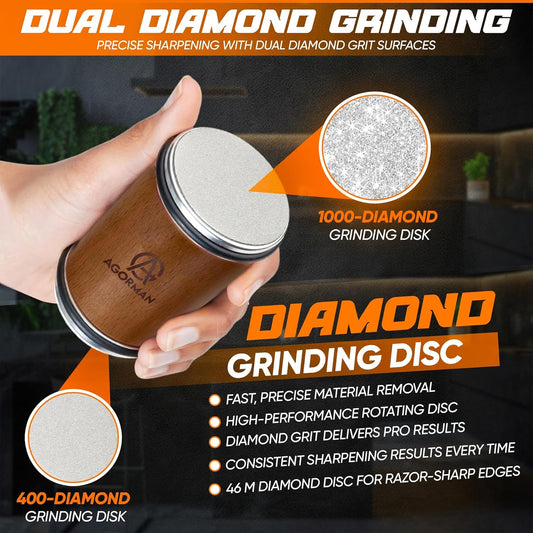 Rolling Knife Sharpener Kit, 400/1000 Grit Dual Diamond Roller, Magnetic 15° & 20° Angle Guide, Stainless Steel & Wood Manual Sharpener for Straight-Edge Kitchen Knives