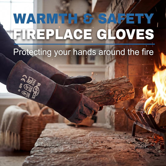 Fireplace Fire Pit Gloves, 932°F Fireproof Leather, 16in Dark Grey | For Wood Stove, Campfire, Charcoal, Cast Iron, BBQ Grill, Oven, Stick & MIG Welding, Forge, Dry Ice